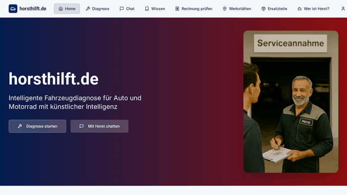 HorstHilft Startseite - Intelligente Fahrzeugdiagnose für Auto und Motorrad mit KI-Werkstattmeister Horst